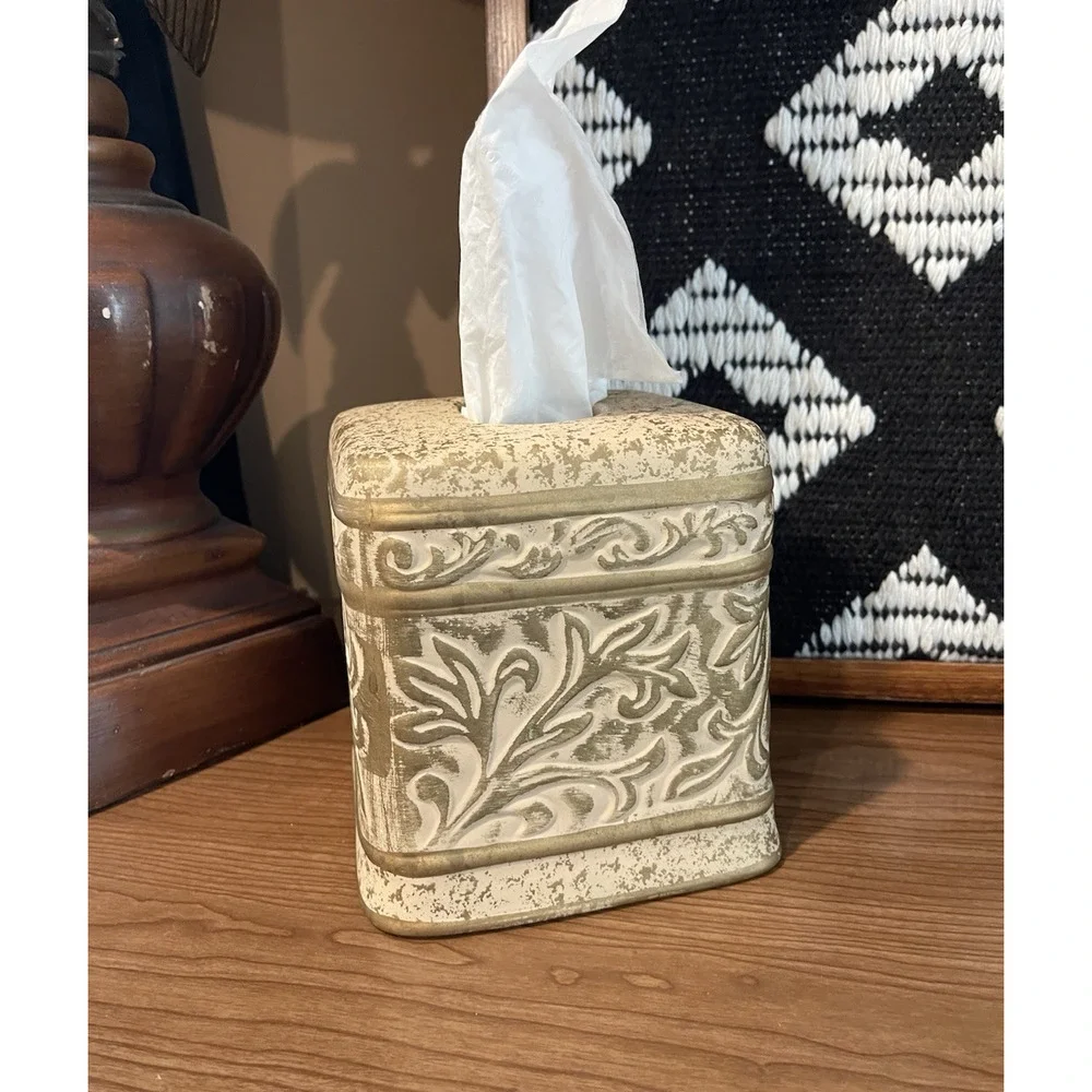 Vintage Clay Tissue Box Cover French Provincial Scrolling Leaf Cream Gold